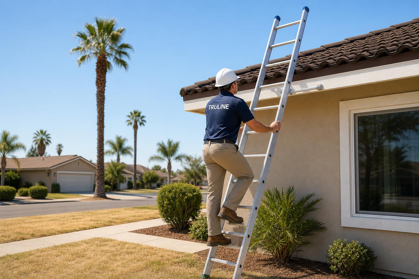 TruLine home inspector in branded uniform inspecting a roof from a safely positioned ladder at a Bakersfield, CA home